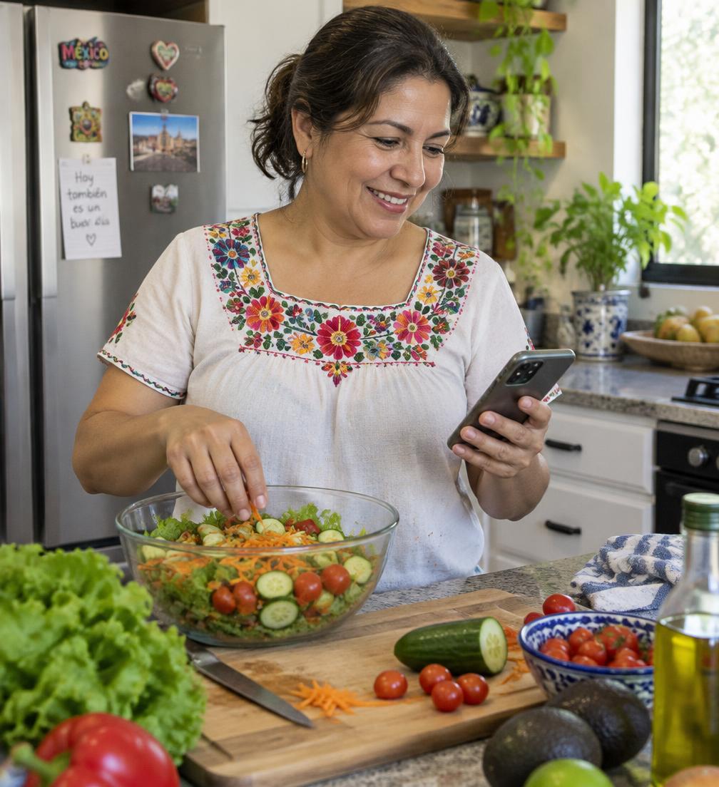 Mujer preparando una ensalada mientras revisa su plan en el celular